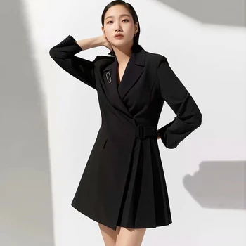 

2020 Autumn And Winter New Sexy V-Neck Long Sleeve Three-Dimensional Decoration Long Sleeve Pocket Black Mini Jacket Dress