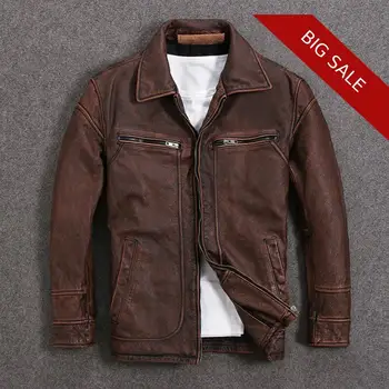 

2020 Vintage Brown Men American Casual Style Leather Jacket Plus Size XXXXXL Genuine Thick Cowhide Autumn Leather Coat