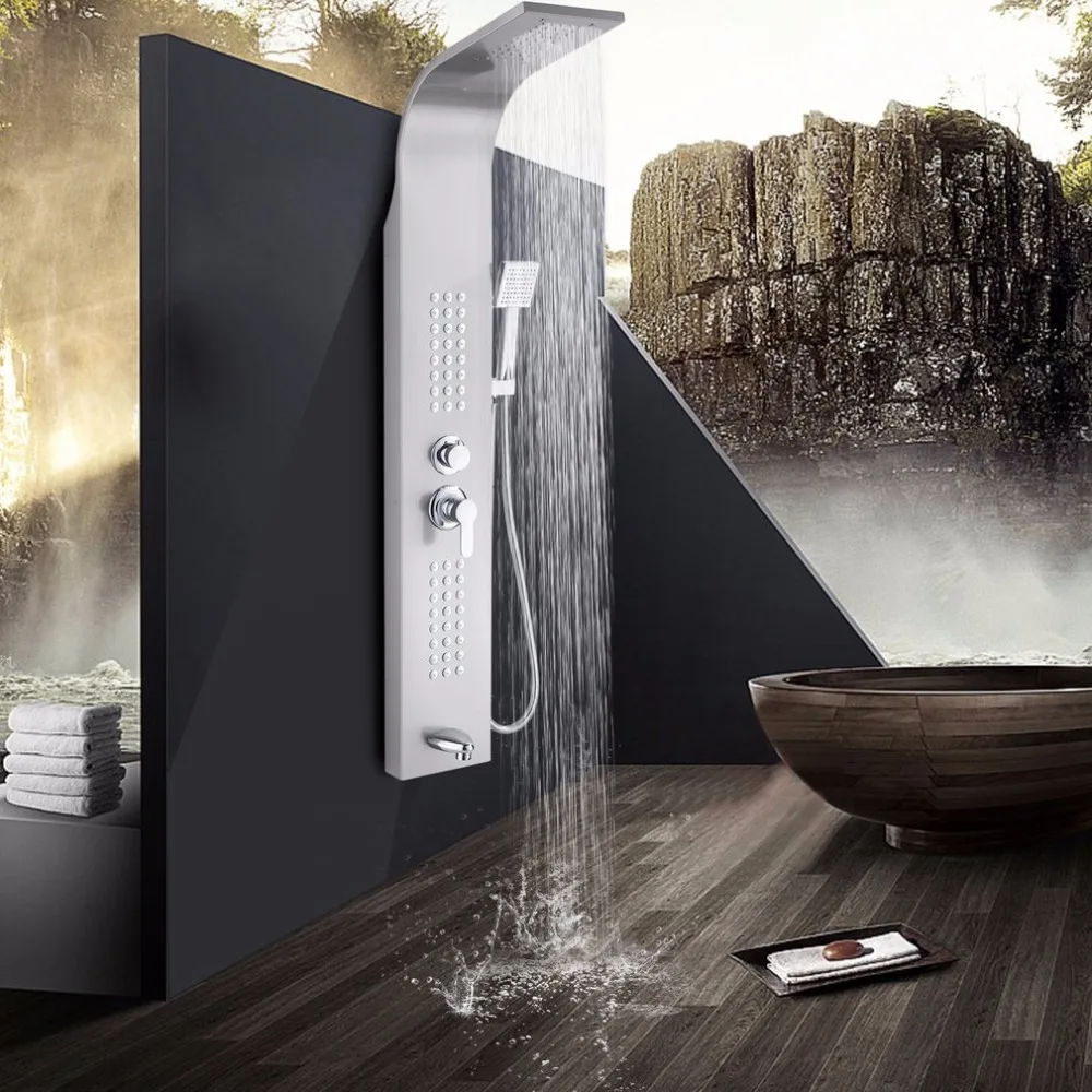 

Arc Design Shower Panel Tower Faucet Modern Bathroom Stainless Steel Tower Shower Column Waterfall System Wall Mount Shower Set