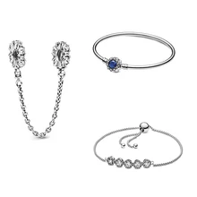 Серебряный 925 Синий-Снежинка, Классическая блестящая безопасная цепь, Круглый Кубический Цирконий Браслет, оригинальные женские модные ювелирные изделия