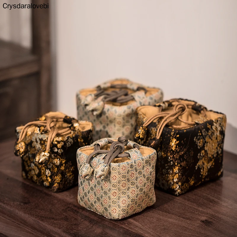Chinese Style Retro Brocade Tea Set Storage Bag Portable Cotton Linen Tea Cozies Household Travle Accessory Hand Bag
