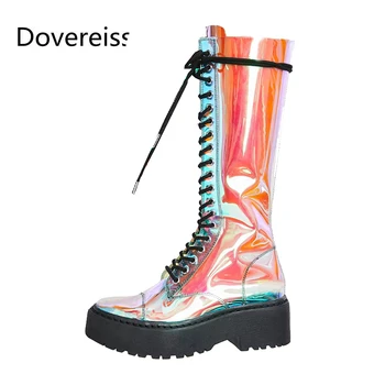 

Dovereiss Fashion Female boots summer new Elegant sexy Round toe Cross tied PVC Zipper Block heels Knee high boots 33-42