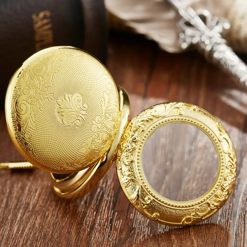 Luxury Golden Simple Laser Engraved Mechanical Pocket Watch with Chain  Transparent Cover Hand-winding Pendant Clock Men Watch