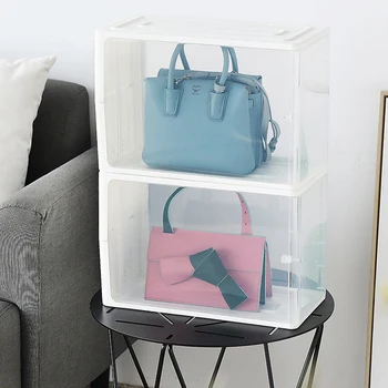 

Foldable Woman Handbag Storage Box Transparent Shoe Box Plastic Dustproof Bag Storage Cabinet Stackable Boots Sneakers Organizer