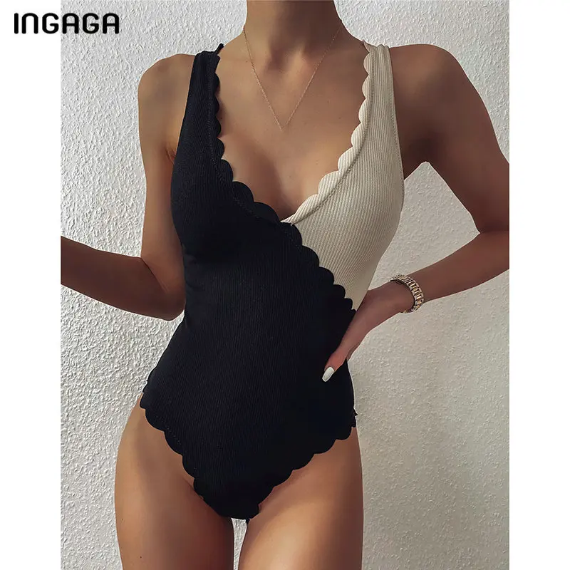INGAGA Scallop One Piece Swimsuit Sexy Patchwork Swimwear Women Ribbed Bathing Suit 2022 U-back Bodysuit Summer Beachwear | Спорт и