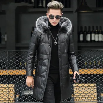 

Genuine Leather Jacket Men Winter Hooded Jackets Real Sheepskin Fox Fur Collar Mens Warm Down Coat Jaqueta Couro YZF89812 YY419