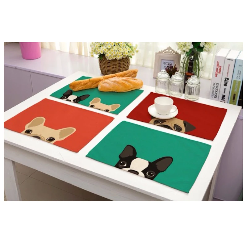 

42x32cm Cute Dog Pattern Cotton Linen Western Pad Placemat Insulation Dining Table Mat Anti-skid Coasters Kitchen Accessories