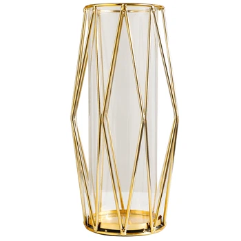 

Scandinavian Ins Retro Gold Iron Line Transparent Tube Glass Vase Geometric Hydroponic Metal Plant Holder Home Office Decoration
