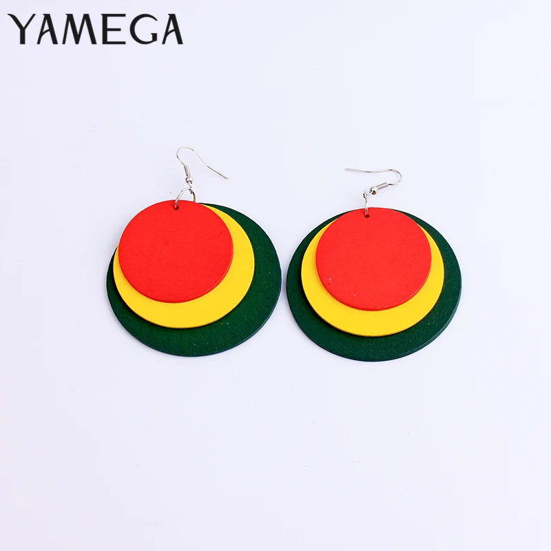 Большие круглые Многослойные серьги YAMEGA из натурального дерева разноцветные