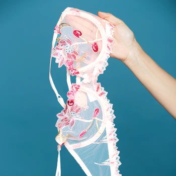 

White Cherry Embroidery Transparent Bra And Panties Girl Lace Sexy Lingerie Plus Size C D Ultra Thin Female Underwear Women Set