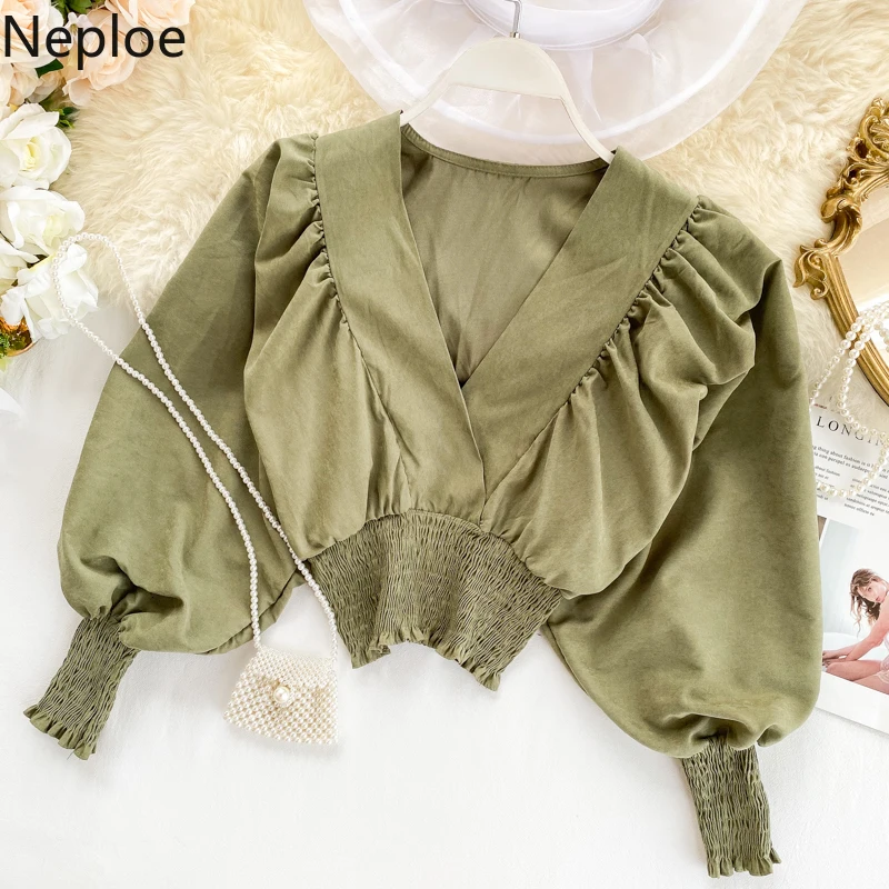 Neploe Ins, тонкая талия, крыло летучей мыши, короткая блузка для женщин, v-образный вырез, пышная блуза с длинным рукавом, эластичный пуловер, плиссированная рубашка, осень, новинка 47901