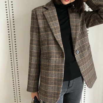 

Women Coat 2019 Fall/Winter New Plaid Stitching Small Suit Wool-blend Coat