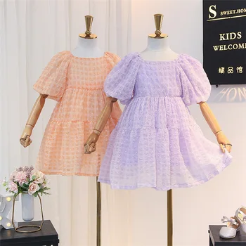 

5230 Puff Sleeve Plaid Print Princess Baby Girl Dress Summer Party Wedding Kid Dress For Girl Wholesale Child Children Clothes