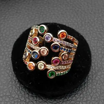 

3pcs Big Statement Golden Color rainbow CZ elegance lady Ring resizable