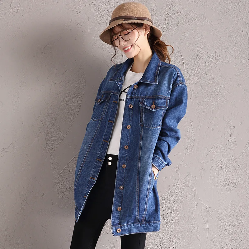 

Autumn New Style Long Loose-Fit WOMEN'S Denim Coat Scratch Simple BF Style Long Sleeve Denim Jacket