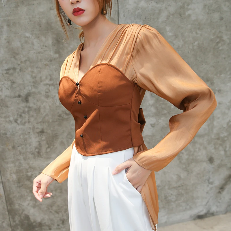 CHICEVER, винтажные Лоскутные с бантом, женская рубашка, v-образный вырез, длинный рукав, большой размер, хит, цветные летние блузки, Женская мода