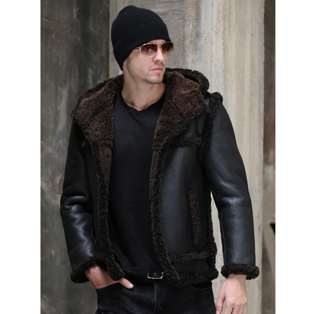 Новые мужские черные Дубленки Толстая куртка на меху с коротким ворсом пальто, кожаная куртка с отстежными рукавами мужские зимние пальто
