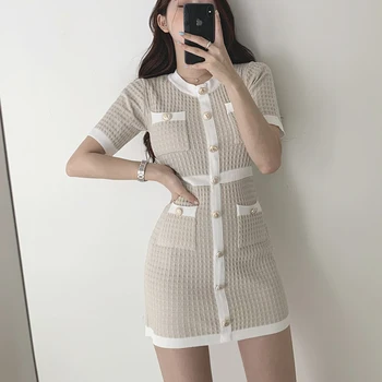 Vestido corto femenino de verano ceñido con botones, minivestido Sexy coreano para Mujer, color negro, elegante, a la Moda, 2020