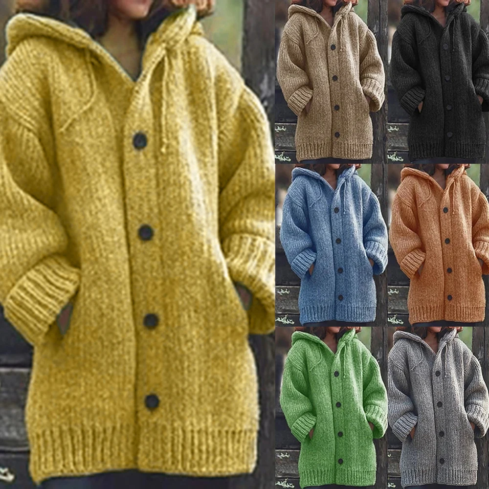 SFIT осень зима для женщин длинный кардиган Твердые негабаритных с капюшоном кардиганы для женщин держать теплый свитер Свободные Шерстяные Вязанные пальто