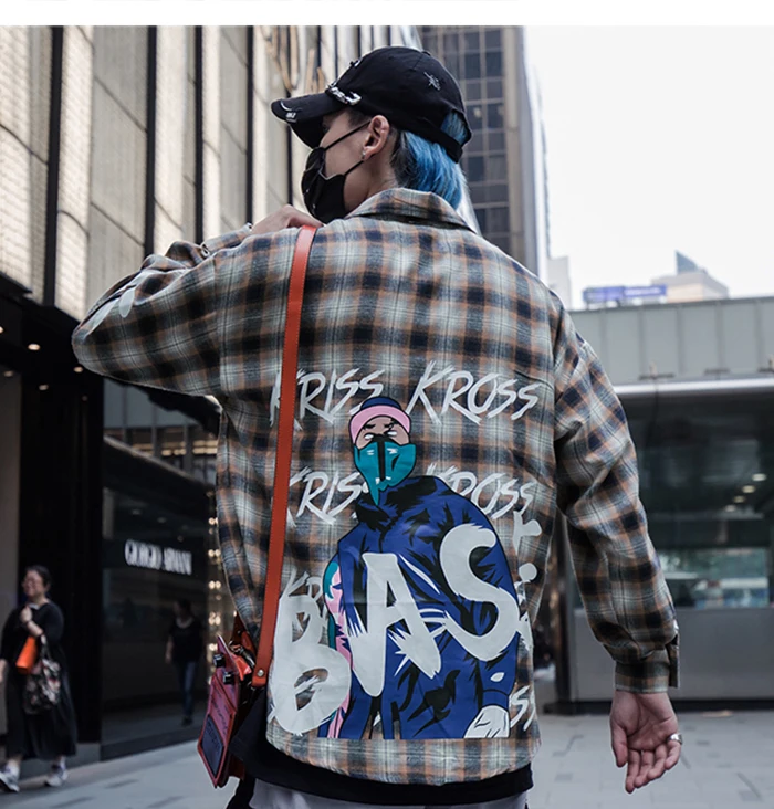 AELFRIC маска мальчик печатных плед мужские рубашки 2019 Мода Harajuku уличная хип хоп Повседневная хлопковая негабаритная верхняя одежда с