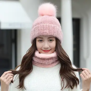 

2020 Korean Fashion High Quality Wool Knitted Two-piece Set Women's Winter Velvet Thick Hat Protection Ear Large Wool Ball Cap