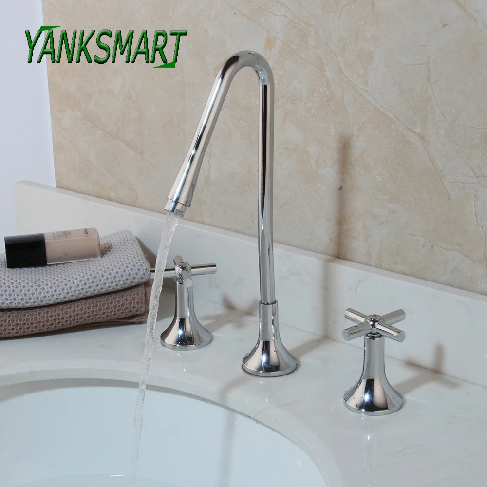 

YANKSMART UK Tall 3 Hole Double Cross Handles Bathroom Faucets Basin Sink Deck Mounted Chrome Polished Faucet Mixer Water Tap