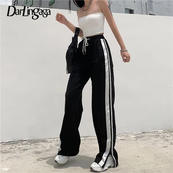 

Darlingaga Streetwear Side Stripe Zipper Straight Sweatpants Women Pants Patchwork Long Trousers Drawstring High Waist Pantalon