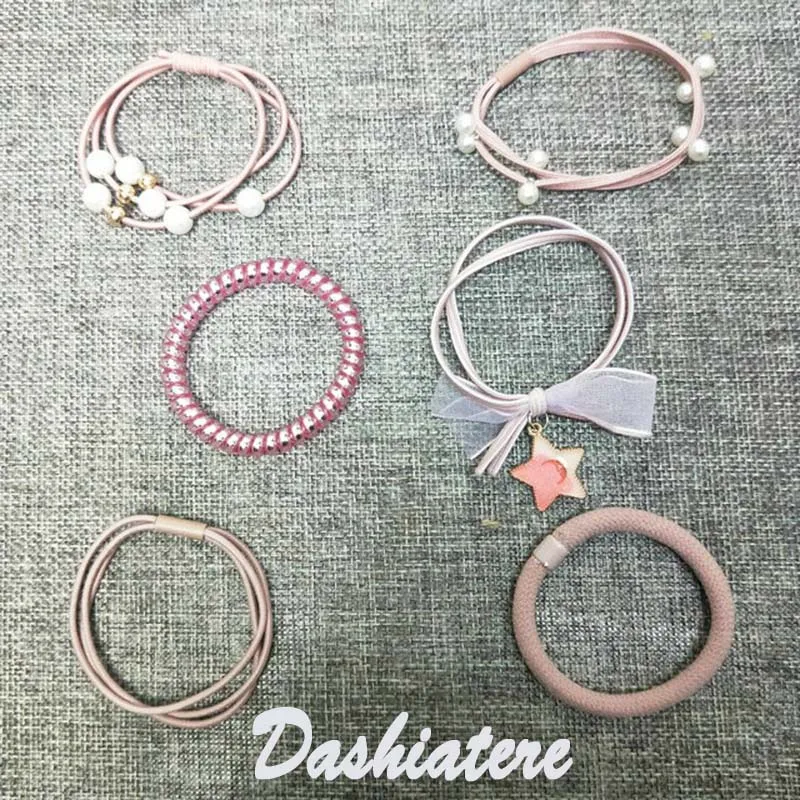 

Dashiatere 6pcs/lot Pink Elastic Bands for Women Girls Head Accessories Stretchy Pearl Hair Ties Set Ponytail Rope Scrunchies