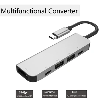 

5 in 1 USB-C Hub Dock 4K HD Large Screen Adapter 2 USB 3.0 Heat Dissipation Aluminum Alloy Laptop PD USB C Hub Grey