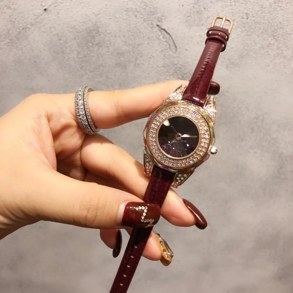 Люксовый бренд полный Циркон движущиеся часы с фианитами мода Натуральная кожа розовое золото круглые кварцевые наручные часы для женщин счастливые камни часы