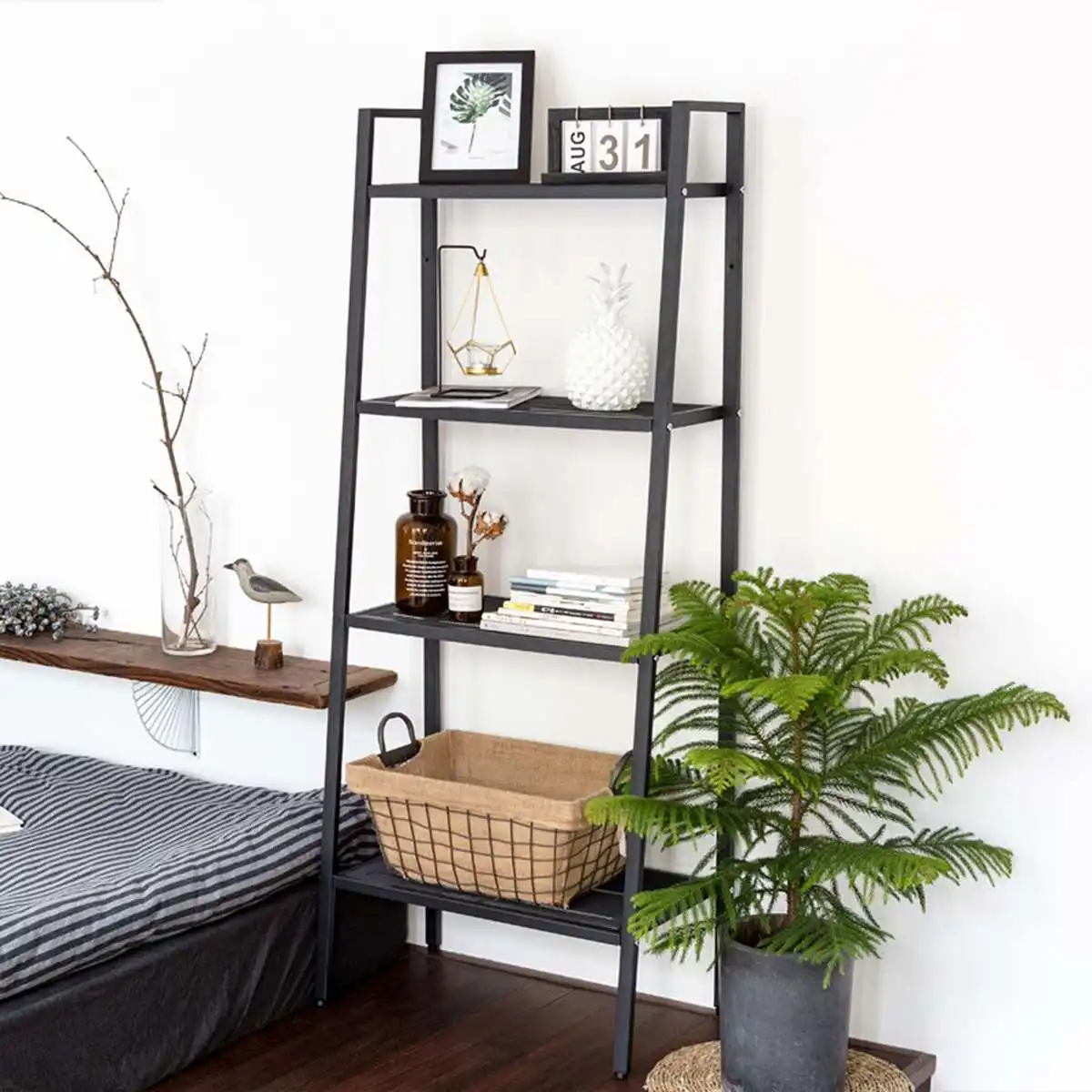 

4 Tiers Wall Leaning Ladder Shelf Bookcase Bookshelf Storage Rack Shelves Storage Stand Holder Organizer for Office Home Bedroom