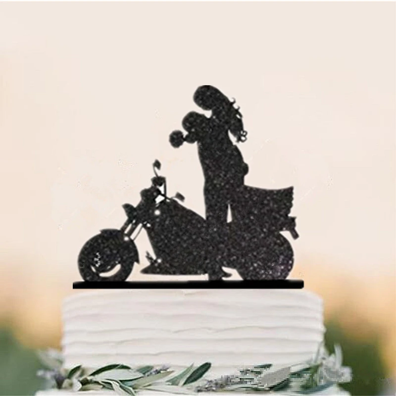 オートバイのウェディングケーキトッパー,オートバイの花嫁と花婿のためのカスタムケーキトッパー,オートバイのケーキのカップル