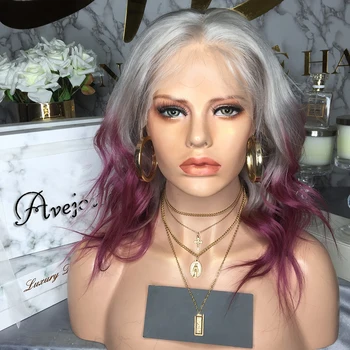 

AVEJOICE Natural Wave Ombre Purple Color with Silver Color Lace Front Wigs Brazilian Human Hair Wig Invisible Natural Hairline