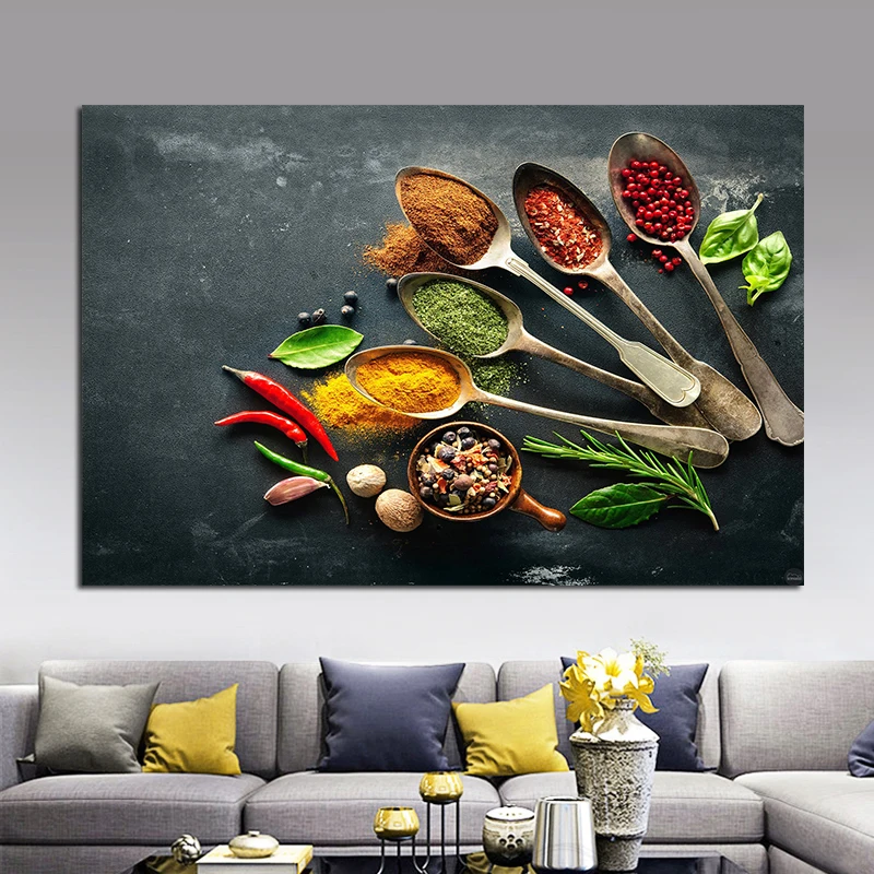 OUCAG Colorful Kitchen Spoon Spices Oil Painting Modern Unframed