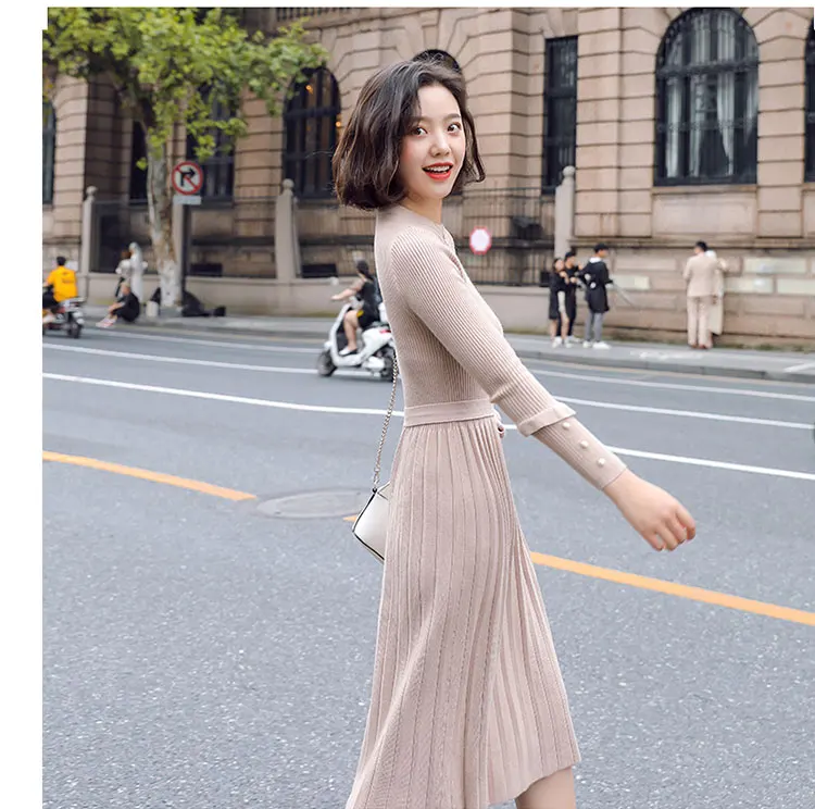 Fashion Autumn Sweater Dress Women Knitted Dress Elegant Women High Waist Pleated Dresses Korean Woman Pullovers Sweater Dresses