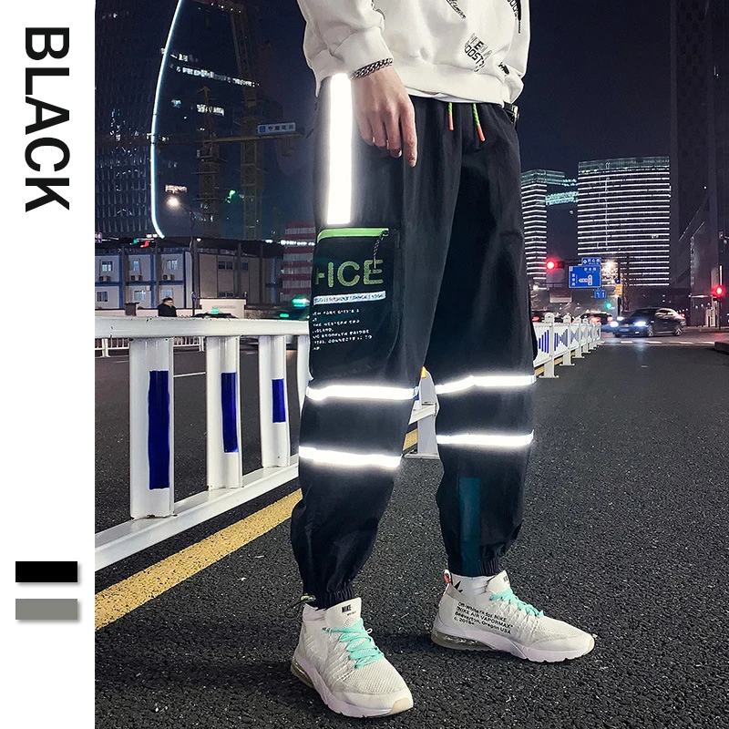 

Hot Summer Black White Striped Reflective Pants Men Hip Hop Thin Pencil Harem Cargo Pants Loose Japanese Streetwear Trousers