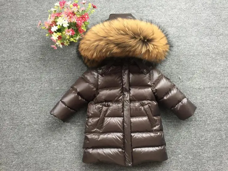 Утепленные парки с натуральным енотовым мехом для мальчиков и девочек на температуру до-30 градусов, для русской зимы длинное пуховое пальто 90, куртка пальто, одежда для маленьких детей
