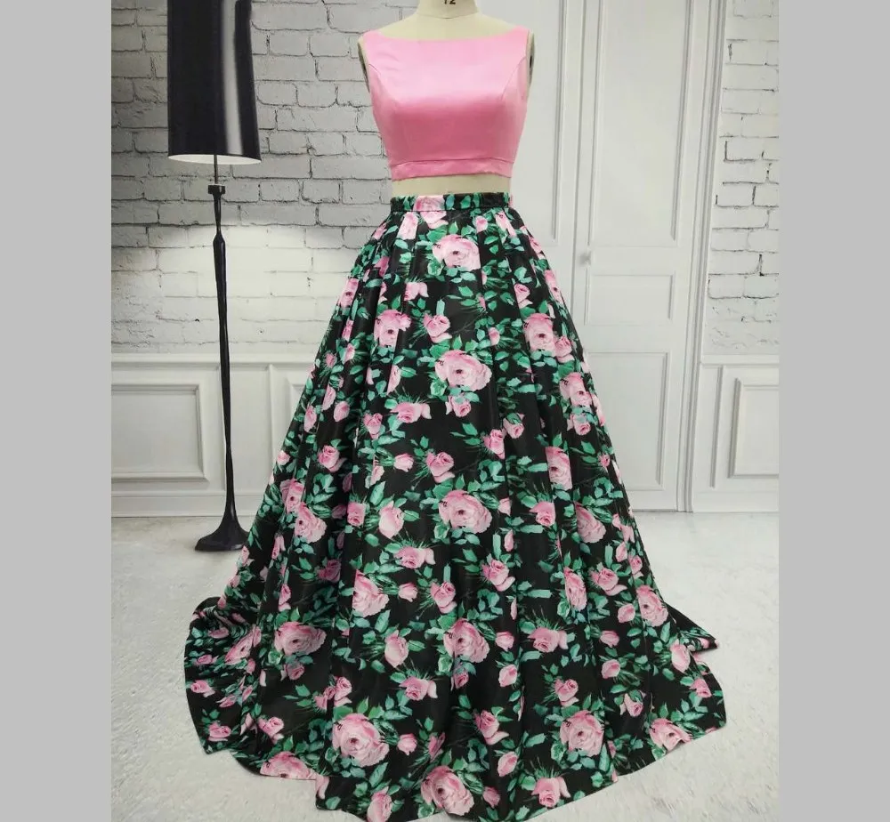 

Long Satin Two Pieces Printed Prom Dresses with Pockets Floor A-Line Length Round neck Zipper Back Formal Party Dress for Women