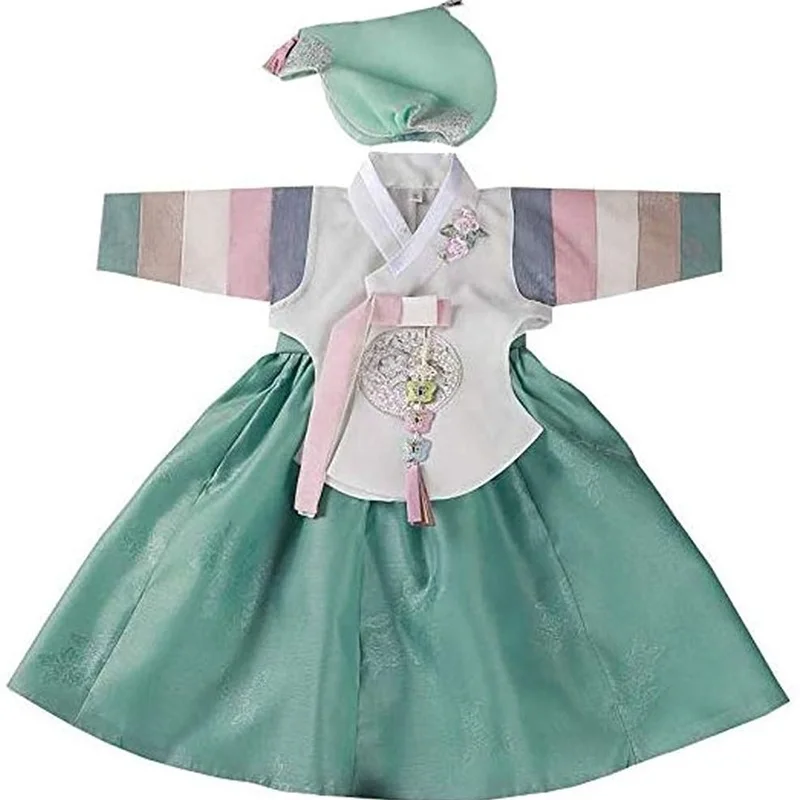 

South Korea Imported Traditional Clothing Fabric Tops Green Skirts Hanbok Girls Baby One Year Old Birthday Party Dress Clothing