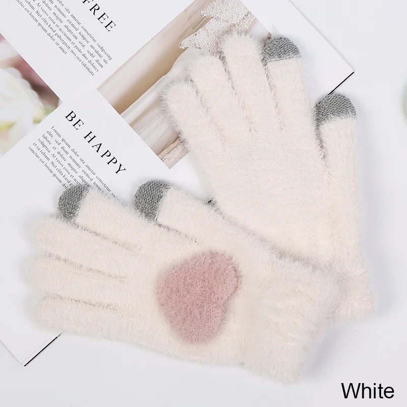 Evrfelan модные зимние перчатки для женщин мягкие теплые женские перчатки для зимы вязаные с узором сердца ручная одежда женские грелки - Цвет: white