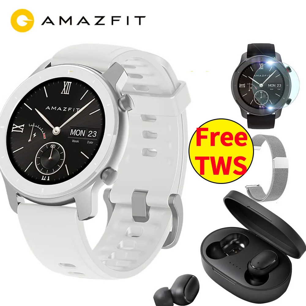 【5atm】 глобальная версия Amazfit GTR 42 мм умные часы gps часы 12 дней Срок службы батареи управление музыкой 1," AMOLED для Xiaomi Android IOS - Цвет: white 42mm N silver