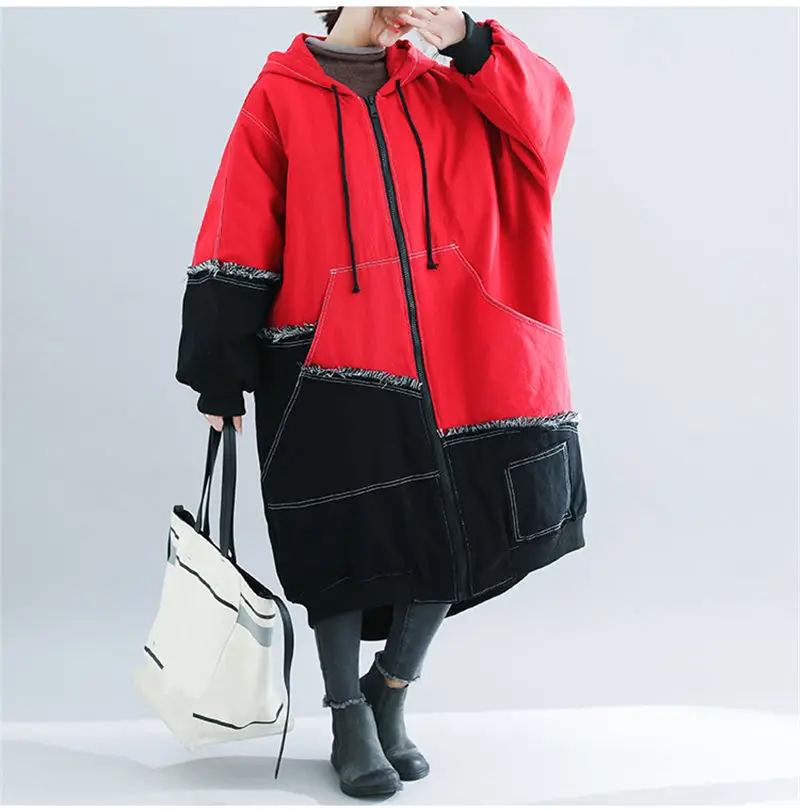 Очень большие размеры, женская одежда, зимнее пальто, хлопковое пуховое пальто, джинсовое модное популярное цветное лоскутное пальто с капюшоном, куртка-парка, f1496
