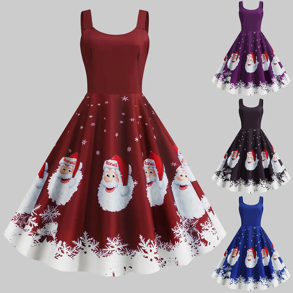 New Retro Cartoon Print Christmas Dress Women Autumn Leisure Sleeveless Bottom Dresses Female Big Swing Party Vestidos Black Red