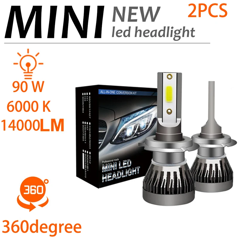 2Pcs Car Lights MINI LED H7 H1 9005 LED H4 Headlight Conversion Kit 90W 14000LM COB H7 Bulbs H11 Lamps 6000K
