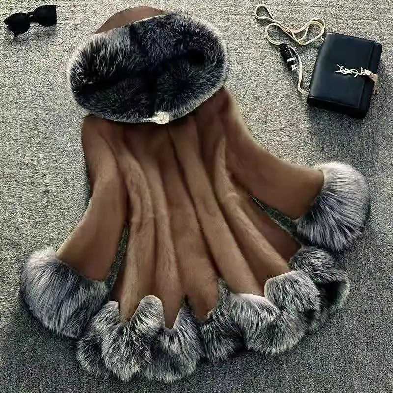 brown Зимнее пальто из искусственного меха норки, женское длинное пальто из искусственного лисьего меха с капюшоном, тонкое шерстяное пальто большого размера, S-10XL из искусственного меха - Цвет: brown