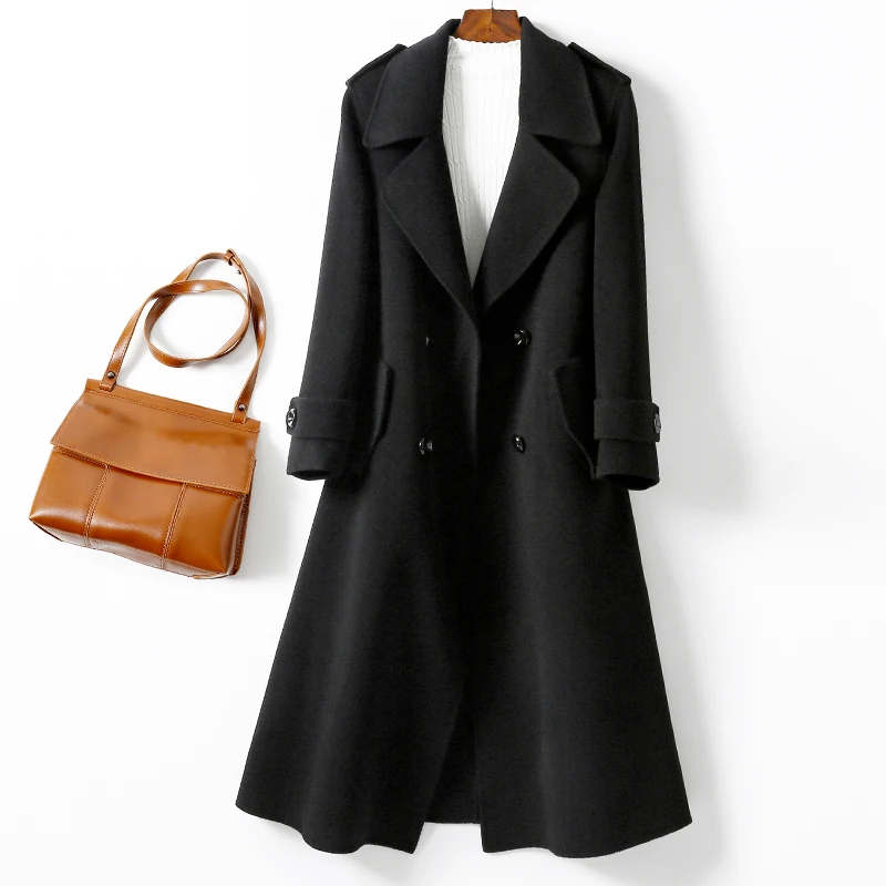 Шерсть, двустороннее нейлоновое пальто для девушек, осень и зима, новое свободное кашемировое пальто с отворотом, модное пальто для вечеринок - Цвет: Черный