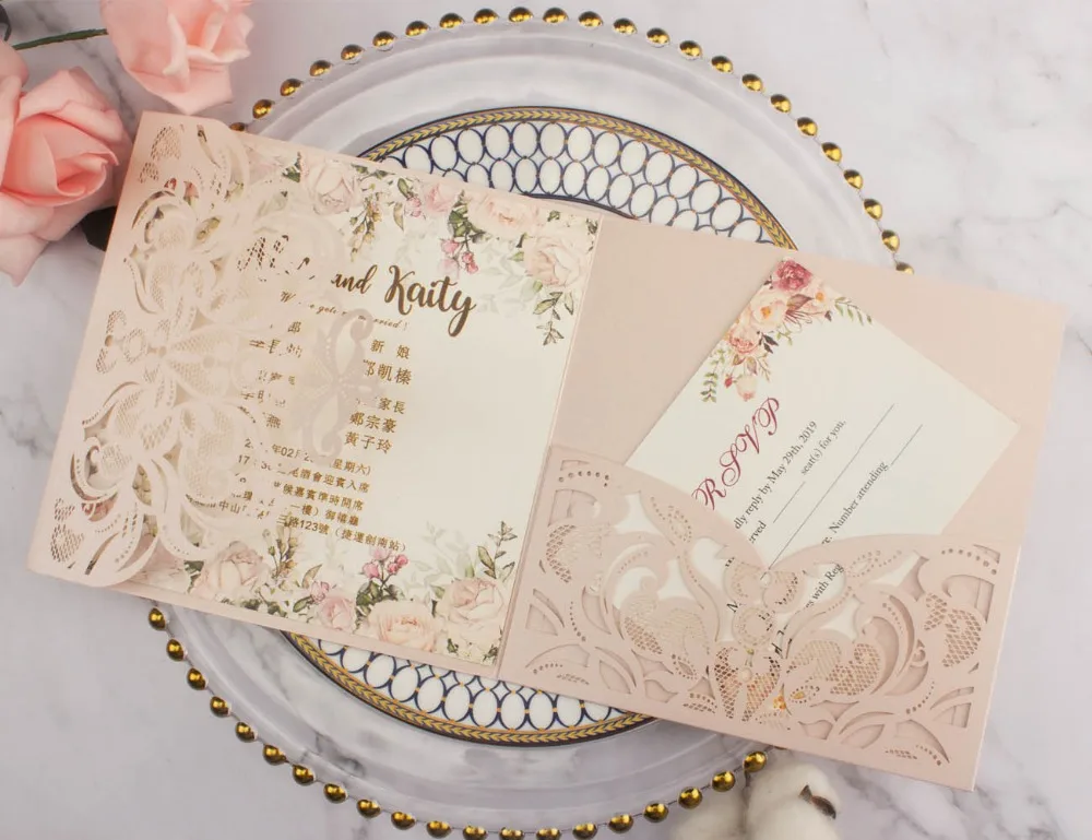10pcs/lot pearl paper square pocketfold cards Laser Cut Wedding invitation Cards three folded Greeting cover for party supplies