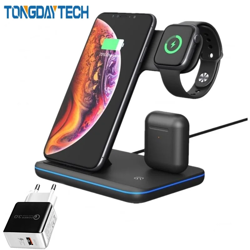 Pаспродажа Tongdaytech 15 Вт Qi Беспроводное зарядное устройство для Iphone X 8 11 Pro Max Быстрая зарядка Подставка для Apple Airpods Watch 5 4 3 2 1