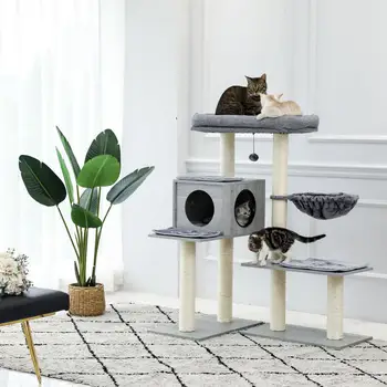 

5 Levels Modern Cat Tree Varied Styles Cat Tower With 7 Sisal Cat Furniture Scratching Posts Deep Hammock US Warehouse