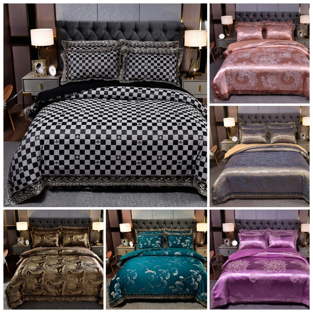 

Luxury Satin Jacquard Bedding Sets 4 Pcs Luxury Leopard Print Duvet Cover Set Silk Bedding Quilt Cover Queen King Set
